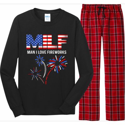 Milf Man I Love Fireworks USA Flag 4th Of July Patriotic Long Sleeve Pajama Set