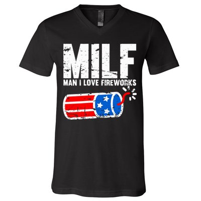 MILF Man I Love Fireworks 4th Of July Funny Fourth Of July V-Neck T-Shirt