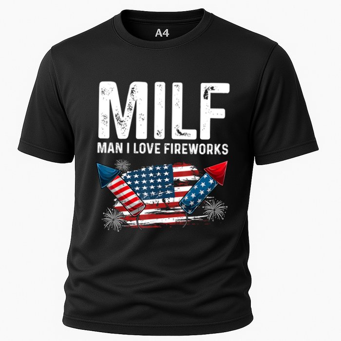 MILF Man I Love Fireworks 4th Of July Funny Fourth Of July Cooling Performance Crew T-Shirt