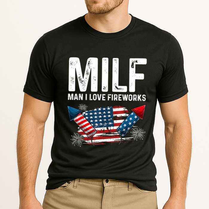 MILF Man I Love Fireworks 4th Of July Funny Fourth Of July Cooling Performance Crew T-Shirt