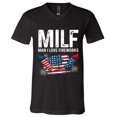 MILF Man I Love Fireworks 4th Of July Funny Fourth Of July V-Neck T-Shirt