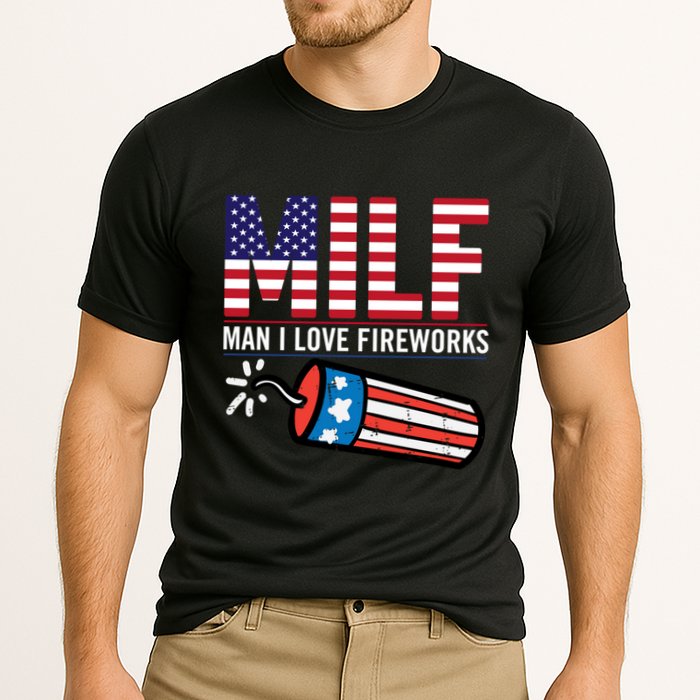 MILF Man I Love Fireworks 4th Of July Funny Fourth Of July Cooling Performance Crew T-Shirt