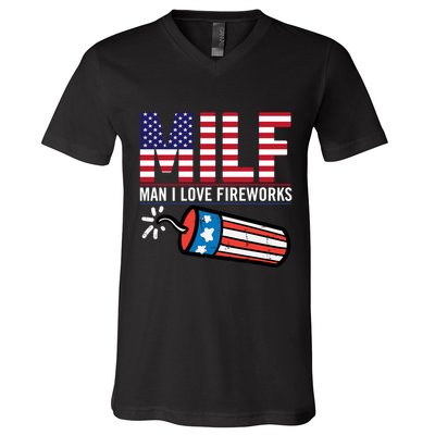 MILF Man I Love Fireworks 4th Of July Funny Fourth Of July V-Neck T-Shirt