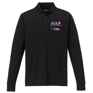 MILF Man I Love Fireworks 4th Of July Funny Fourth Of July Performance Long Sleeve Polo