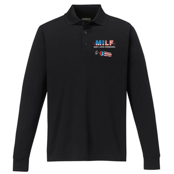 MILF Man I Love Fireworks 4th Of July Funny Fourth Of July Performance Long Sleeve Polo