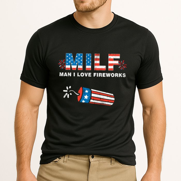 MILF Man I Love Fireworks 4th Of July Funny Fourth Of July Cooling Performance Crew T-Shirt