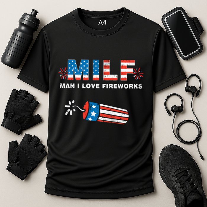 MILF Man I Love Fireworks 4th Of July Funny Fourth Of July Cooling Performance Crew T-Shirt
