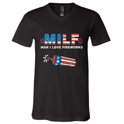 MILF Man I Love Fireworks 4th Of July Funny Fourth Of July V-Neck T-Shirt