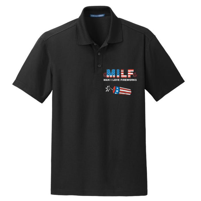 MILF Man I Love Fireworks 4th Of July Funny Fourth Of July Dry Zone Grid Polo