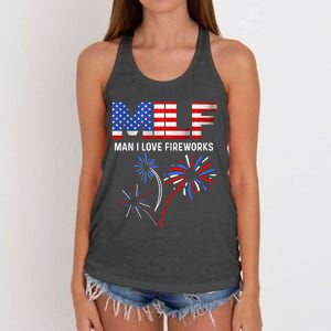 MILF Man I Love Fireworks Funny American Patriotic July 4th Women's Knotted Racerback Tank