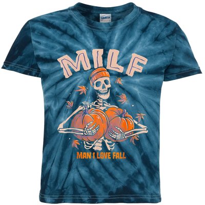 MILF Man I Love Fall Funny Spooky Skeleton Pumpkin Halloween Kids Tie-Dye T-Shirt