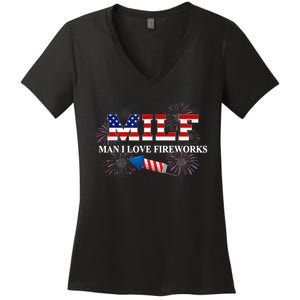 MILF Man I Love Fireworks Funny American Patriotic July 4th Design Women's V-Neck T-Shirt