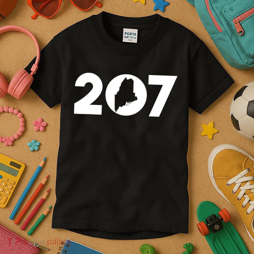 Maine Map Inside The 207 Area Code Maine Me Pride Kids T-Shirt