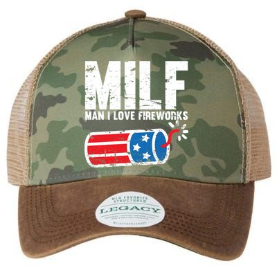 MILF Man I Love Fireworks 4th Of July Funny Fourth Of July Legacy Tie Dye Trucker Hat