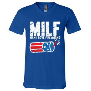 MILF Man I Love Fireworks 4th Of July Funny Fourth Of July V-Neck T-Shirt