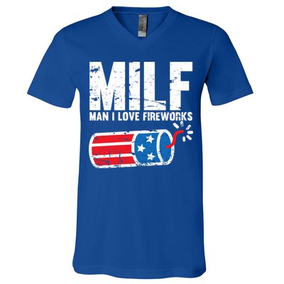 MILF Man I Love Fireworks 4th Of July Funny Fourth Of July V-Neck T-Shirt