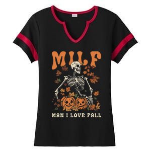 MILF Man I Love Fall Skeleton Pumpkin Thankgiving Funny Ladies Halftime Notch Neck Tee