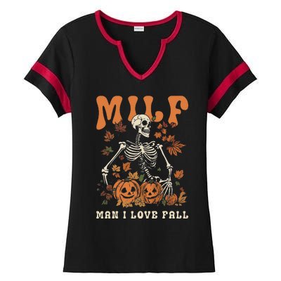 MILF Man I Love Fall Skeleton Pumpkin Thankgiving Funny Ladies Halftime Notch Neck Tee