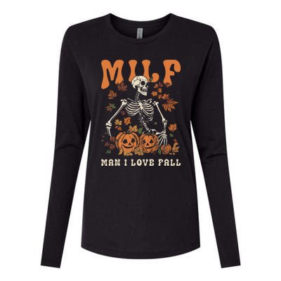 MILF Man I Love Fall Skeleton Pumpkin Thankgiving Funny Womens Cotton Relaxed Long Sleeve T-Shirt