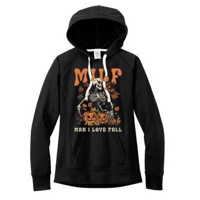 MILF Man I Love Fall Skeleton Pumpkin Thankgiving Funny Women's Fleece Hoodie