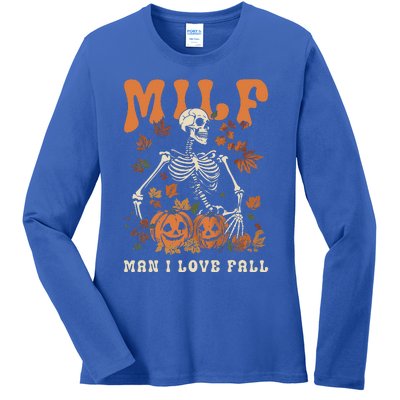 MILF Man I Love Fall Skeleton Pumpkin Thankgiving Funny Ladies Long Sleeve Shirt