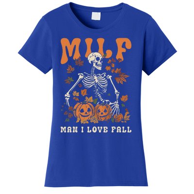 MILF Man I Love Fall Skeleton Pumpkin Thankgiving Funny Women's T-Shirt