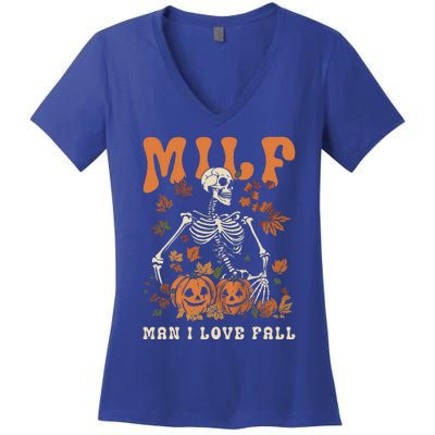 MILF Man I Love Fall Skeleton Pumpkin Thankgiving Funny Women's V-Neck T-Shirt