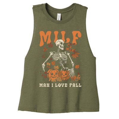 MILF Man I Love Fall Skeleton Pumpkin Thankgiving Funny Women's Racerback Cropped Tank