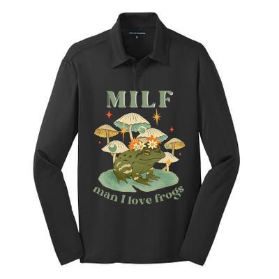 MILF Man I Love Frogs Vintage Retro Frog And Fungi Mushroom Silk Touch Performance Long Sleeve Polo