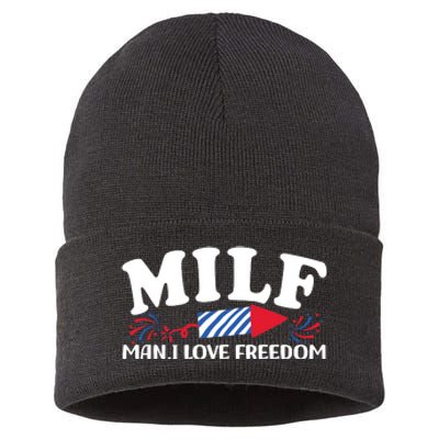 Milf Man I Love Freedom Funny 4th Of July Sustainable Knit Beanie