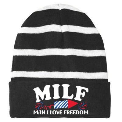 Milf Man I Love Freedom Funny 4th Of July Striped Beanie with Solid Band