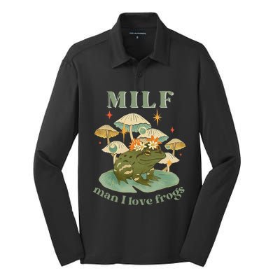 Milf Man I Love Frogs Vintage Retro Frog And Fungi Mushroom Silk Touch Performance Long Sleeve Polo