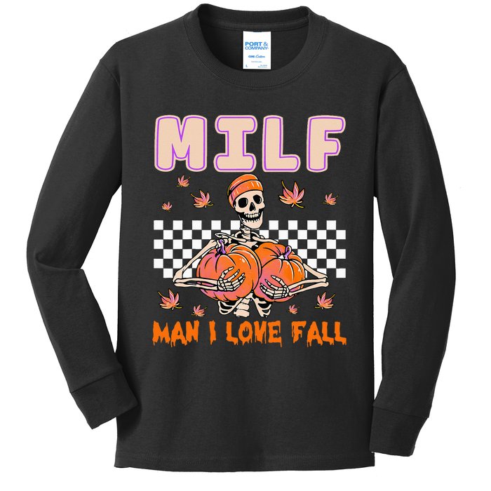 MILF Man I Love Fall Funny Skeleton Pumpkin Halloween Season Kids Long Sleeve Shirt