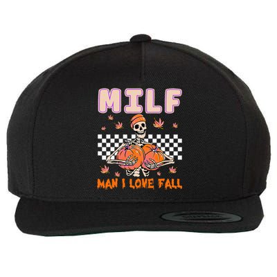 MILF Man I Love Fall Funny Skeleton Pumpkin Halloween Season Wool Snapback Cap