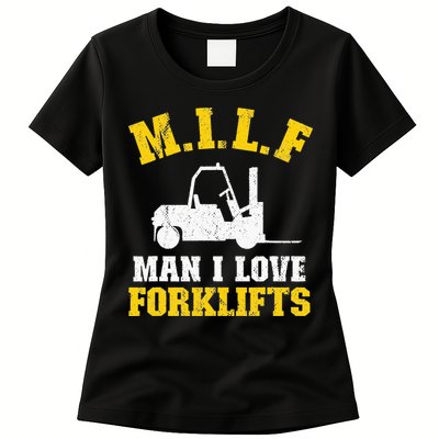 M.I.L.F Man I Love Forklifts Jokes Funny Forklift Driver Womens T-Shirt