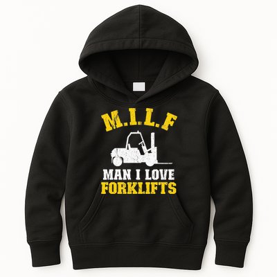 M.I.L.F Man I Love Forklifts Jokes Funny Forklift Driver Kids Hoodie