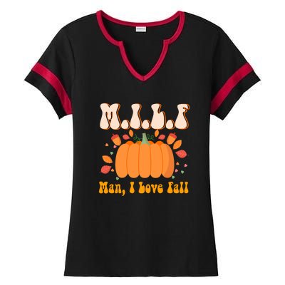 MILF Man I Love Fall Funny Pumpkin Autumn Lover Ladies Halftime Notch Neck Tee