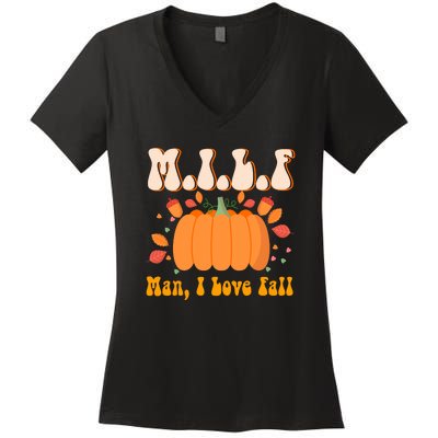 MILF Man I Love Fall Funny Pumpkin Autumn Lover Women's V-Neck T-Shirt