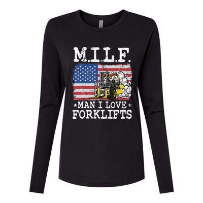 M.I.L.F. Man I Love Forklifts American Flag Forklift Driver Womens Cotton Relaxed Long Sleeve T-Shirt