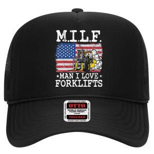 M.I.L.F. Man I Love Forklifts American Flag Forklift Driver High Crown Mesh Back Trucker Hat