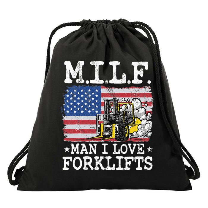 M.I.L.F. Man I Love Forklifts American Flag Forklift Driver Drawstring Bag