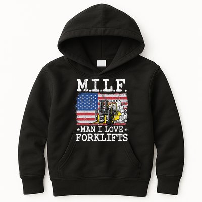M.I.L.F. Man I Love Forklifts American Flag Forklift Driver Kids Hoodie