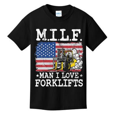 M.I.L.F. Man I Love Forklifts American Flag Forklift Driver Kids T-Shirt