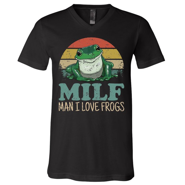 Milf Man I Love Frogs Funny Saying Frog Amphibian Lovers V-Neck T-Shirt