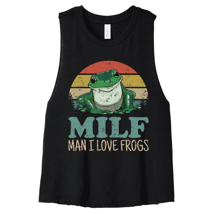 Milf Man I Love Frogs Funny Saying Frog Amphibian Lovers Women's Racerback Cropped Tank