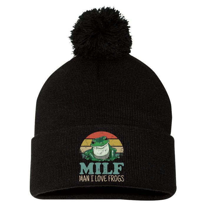 Milf Man I Love Frogs Funny Saying Frog Amphibian Lovers Pom Pom 12in Knit Beanie