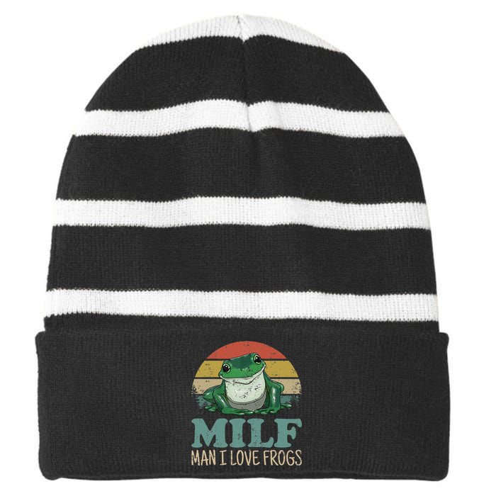 Milf Man I Love Frogs Funny Saying Frog Amphibian Lovers Striped Beanie with Solid Band