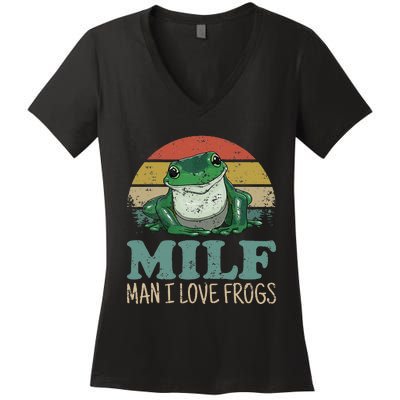 Milf Man I Love Frogs Funny Saying Frog Amphibian Lovers Women's V-Neck T-Shirt