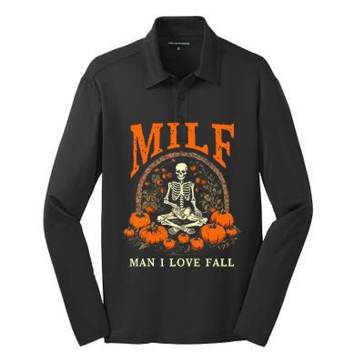 MILF Man I Love Fall Funny Skeleton Pumpkin Halloween Silk Touch Performance Long Sleeve Polo