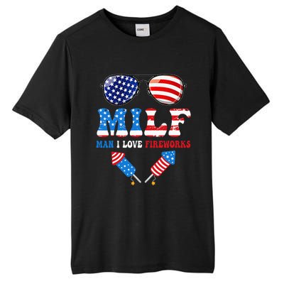 MILF Man I Love Fireworks Flag USA 4th Of July Sunglasses Tall Fusion ChromaSoft Performance T-Shirt